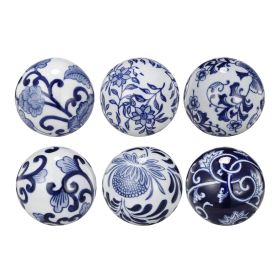 4 Inch Decorative Ball Set of 6 Orbs, Blue And White Printed Porcelain