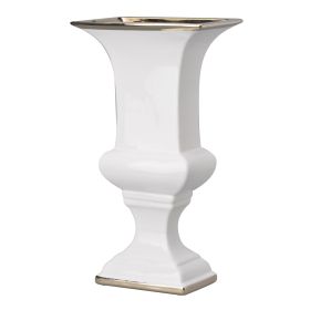 14 Inch Decorative Ceramic Vase, Artistic Turned Urn, White and Gold Rim