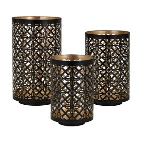 Set of 3 Lantern Candle Holders, Moroccan Lattice, Gold, Black Metal Frames