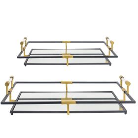 21, 27 Inch Set of 2 Decorative Trays with Mirror, Modern Frame, Gold, Black