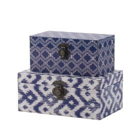 12, 10 Inch Wood Boxes, Classic Blue and White Quatrefoil Design, Set of 2