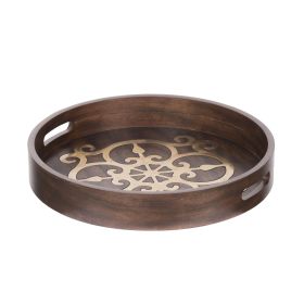 18 Inch Round Decorative Tray, Brass Inlaid Design and Brown Wood Frame