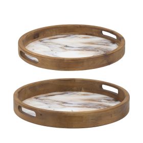 18, 15 Inch Round Decorative Tray, Marble Effect, Brown Fir Wood Frame