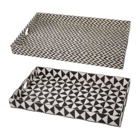 25 Inch Decorative, Black White Wood Trays, Art Deco Geometric, Set of 2