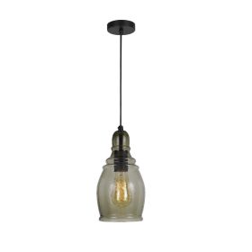 6 Inch Modern LED Pendent Light, Rippled Glass Shade, Smoky Finish, Black