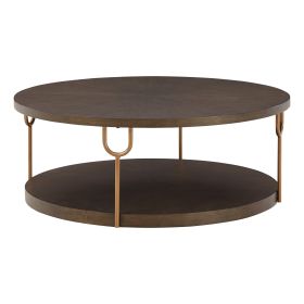 Modern 42 Inch Coffee Table, Ash Veneer, Metal Frame, Wheels, Gold, Brown