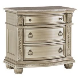 Caitlin 35 Inch 3 Drawer Nightstand with Marble Top, Leaf Carvings, Silver