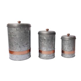 Miri Galvanized Metal Lidded Canister with Copper Band, Set of 3, Antique Gray