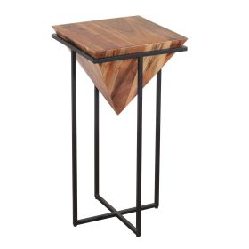 Ida 30 Inch Pyramid Shape Acacia Wood Side Table With Cross Iron Base, Brown and Black