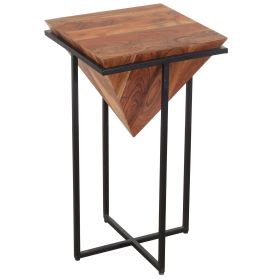 Ida 26 Inch Pyramid Shape Acacia Wood Side End Table With Cross Iron Base, Brown and Black