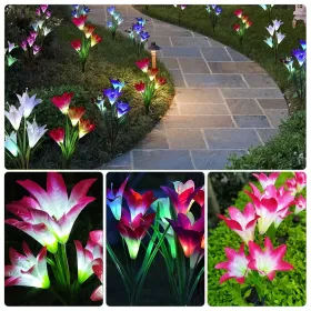 2Pcs Solar Garden Lights Outdoor Lily Flower LED Light 7-Color Changing IP65 Waterproof For Festival Decorations (Option: PinkPurple)
